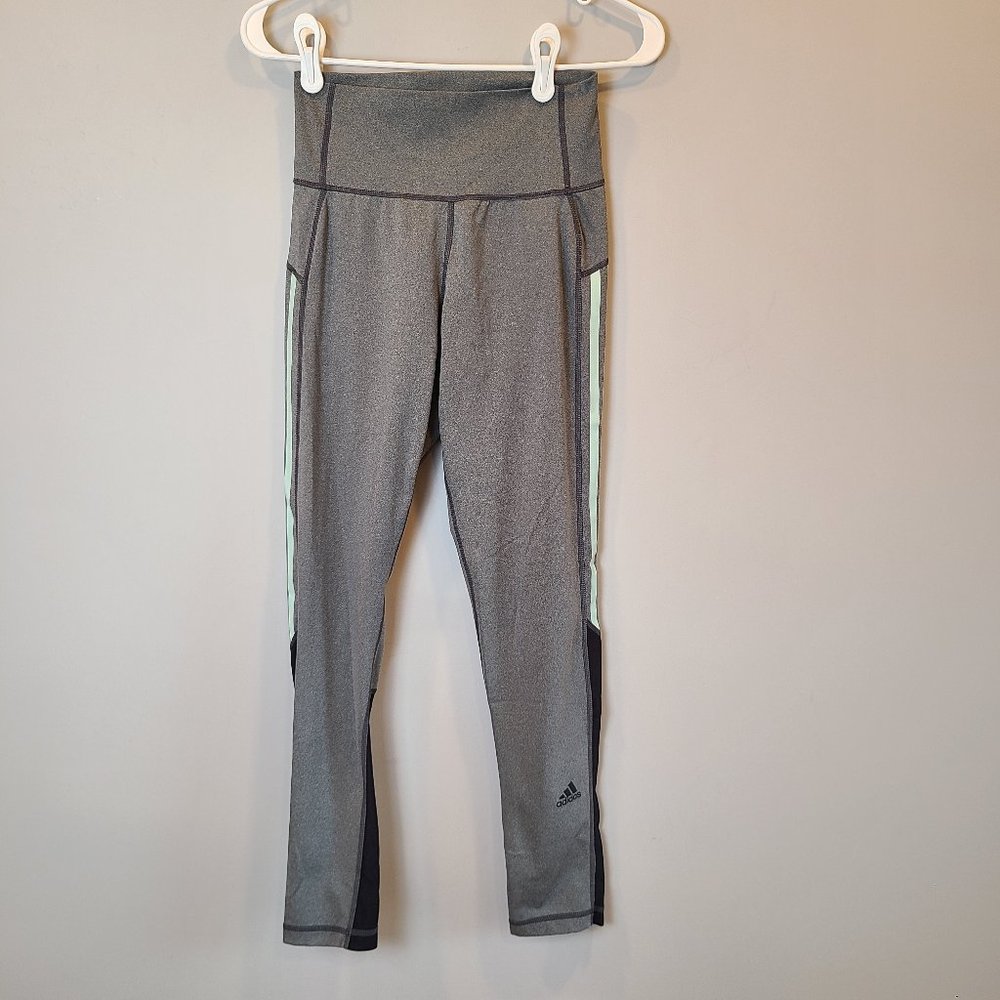 Adidas Leggings Grey Mint Green Stripe Womens Small Running Pant Workout